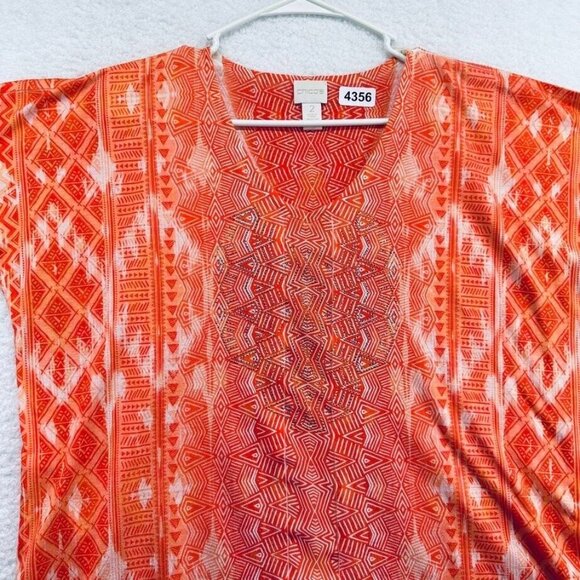 Chicos Womens V Neck Shirt Size Large Orange Geometric Metallic Rhinestones - Picture 2 of 10